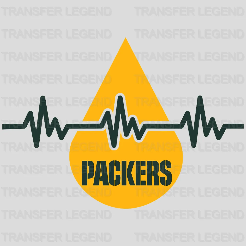 Green Bay Packers EKG heartbeat line leading to PACKERS text, NFL design - DTF Heat Transfer