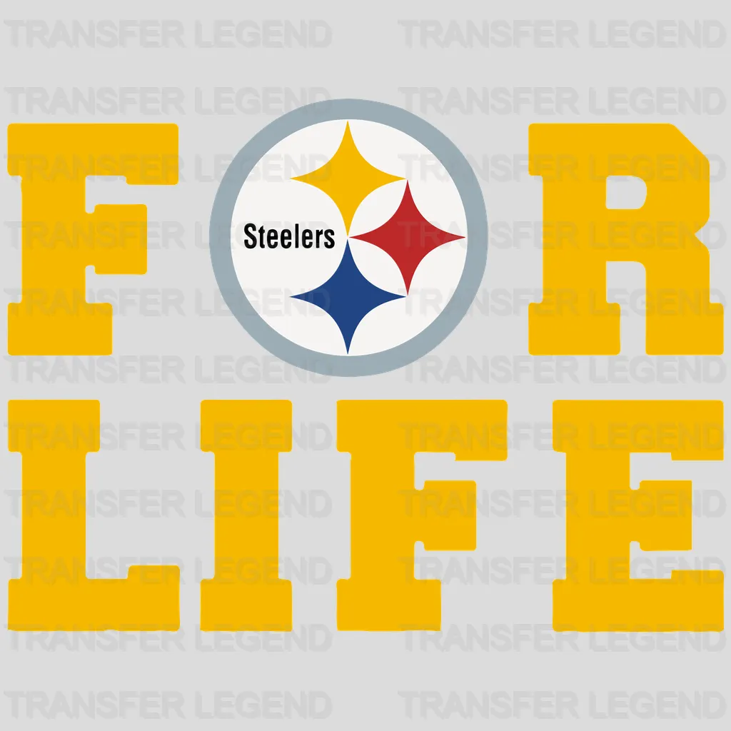 Pittsburgh Steelers “For Life” text with player silhouette and stars, NFL design - DTF Heat Transfer