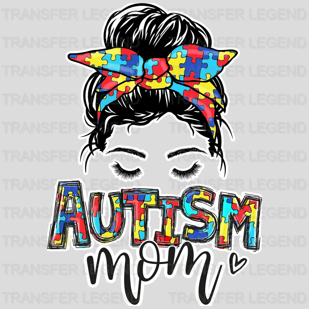 Autis Mama And Puzzle Piece- Autis Awareness And Support - Women Messy Bun  - Design - DTF heat transfer - transferlegend