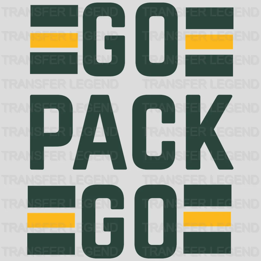 Green Bay Packers stacked GO PACK GO slogan with team stripes, NFL design - DTF Heat Transfer