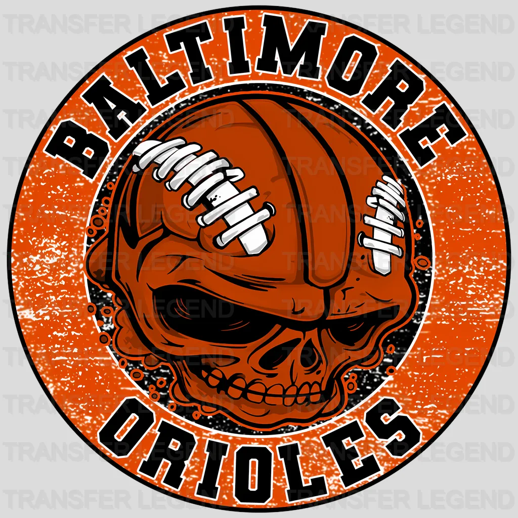 Baltimore Orioles MLB Orange Skull With Helmet Art - DTF Iron On Transfer