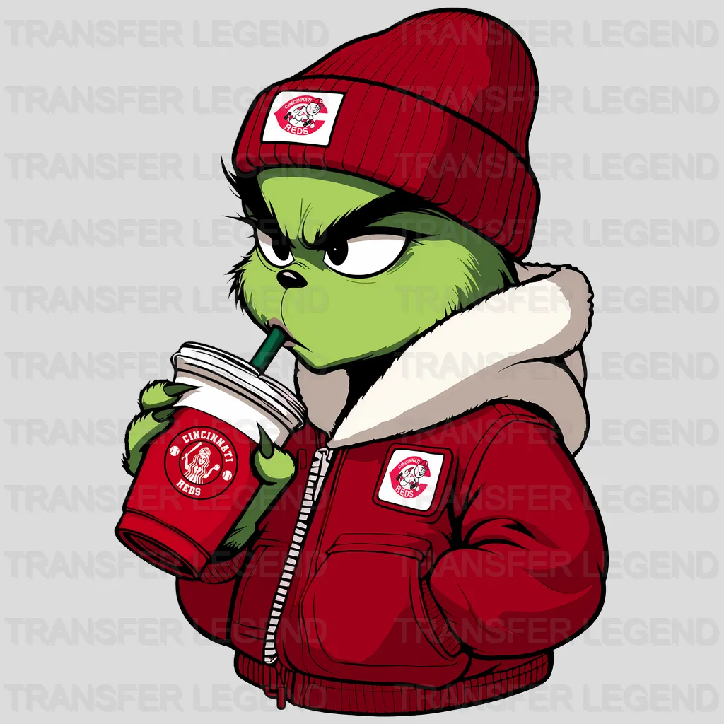 Cincinnati Reds MLB The Grinch Drinking Coffee - DTF Iron On Transfer