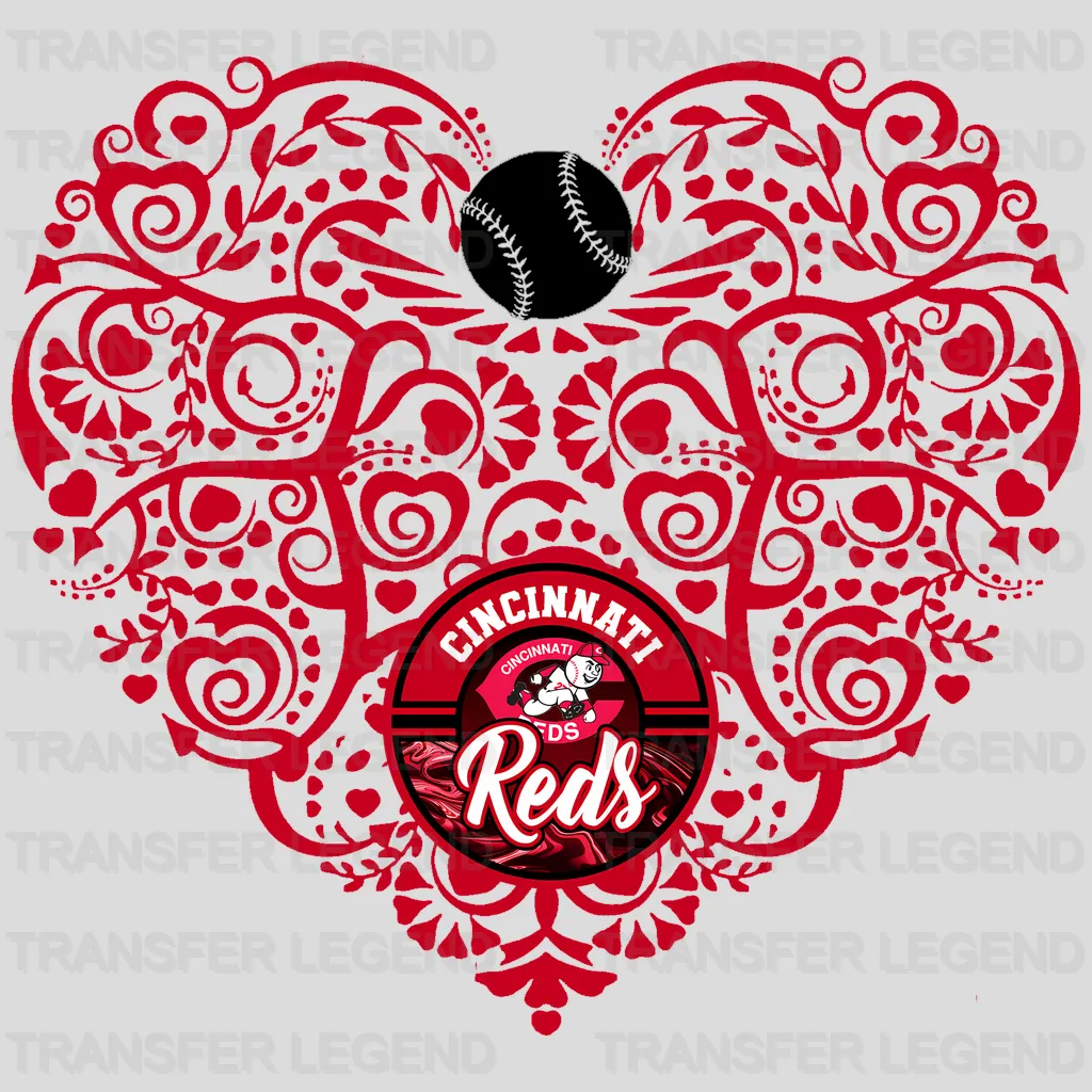 Cincinnati Reds MLB Red Floral Pattern Heart Shape - DTF Iron On Transfer