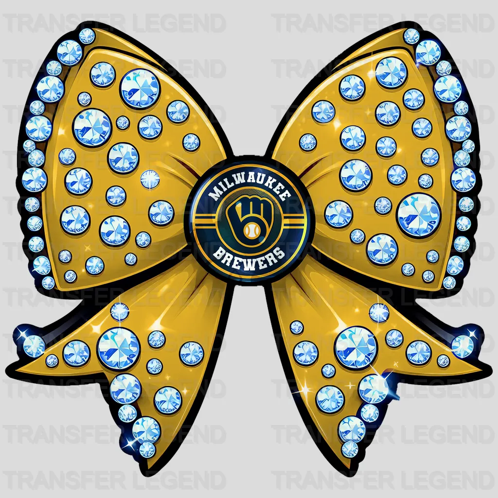 Milwaukee Brewers MLB Glitter Sequin Gold Bow Ribbon - DTF Iron On Transfer