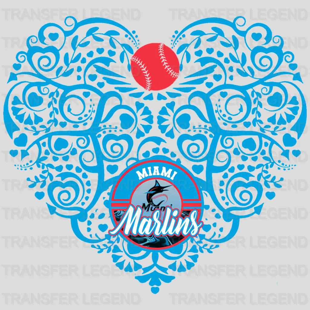 Miami Marlins MLB Floral Pattern Heart Shape - DTF Iron On Transfer