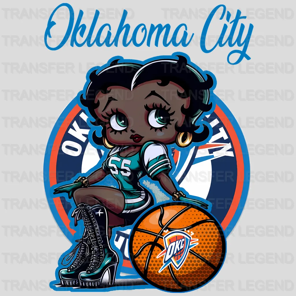 Oklahoma City Thunder NBA Cute Cartoon Girl Sitting On Blue - DTF Iron On Transfer