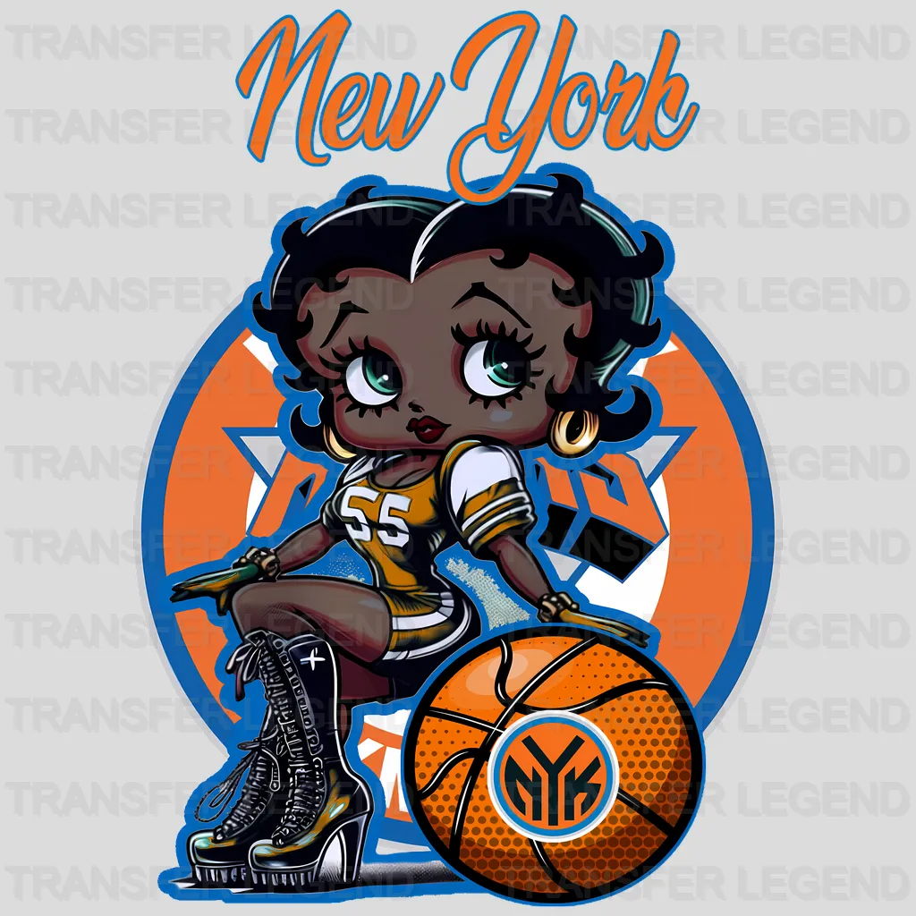 New York Knicks NBA Cute Cartoon Girl Sitting On V1 - DTF Iron On Transfer