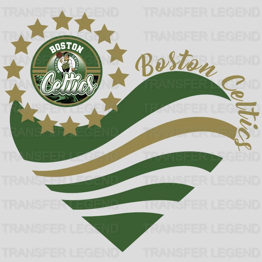 Boston Celtics NBA Heart Shape Retro Wavy Lines Graphic - DTF Iron On Transfer