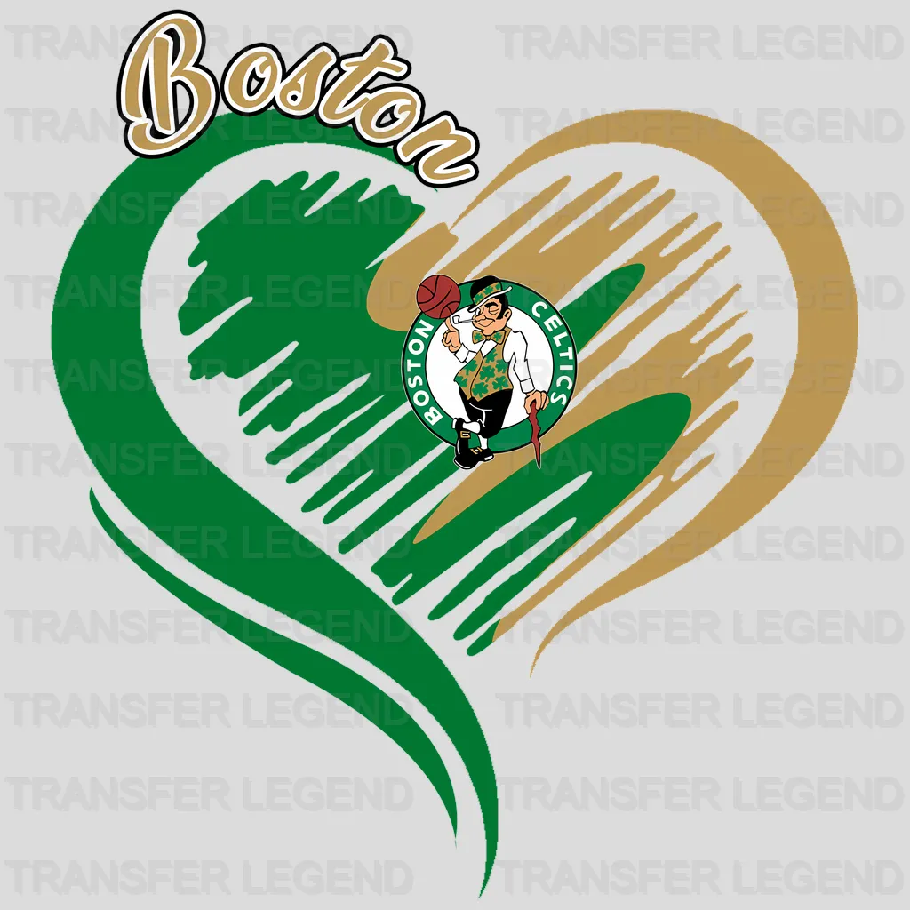 Boston Celtics NBA Elegant Heart Swirl With Script Text - DTF Iron On Transfer
