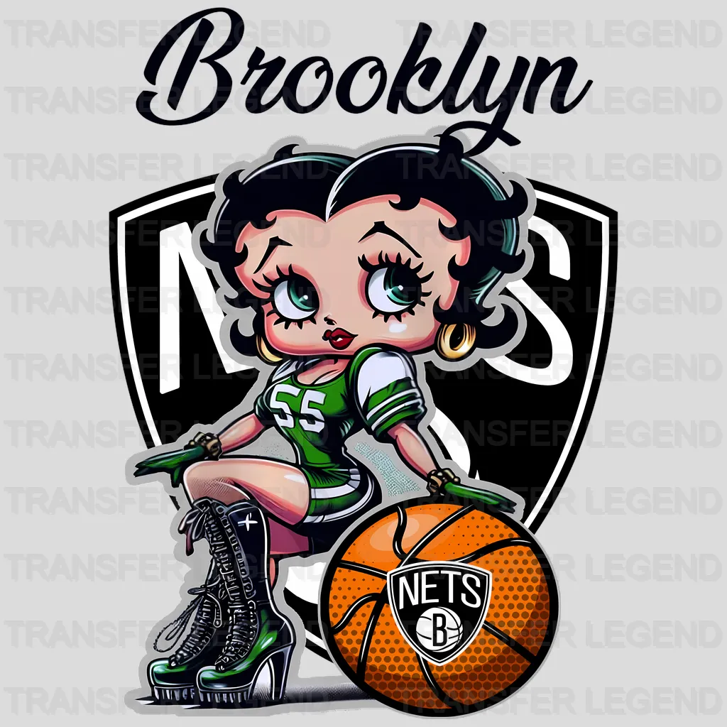 Brooklyn Nets NBA Cute Cartoon Girl Sitting On V1 - DTF Iron On Transfer