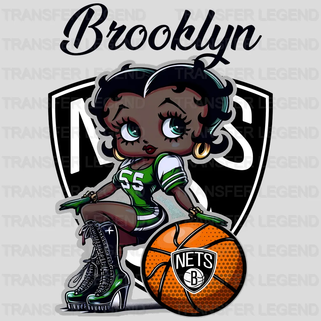 Brooklyn Nets NBA Cute Cartoon Girl Sitting On V2 - DTF Iron On Transfer