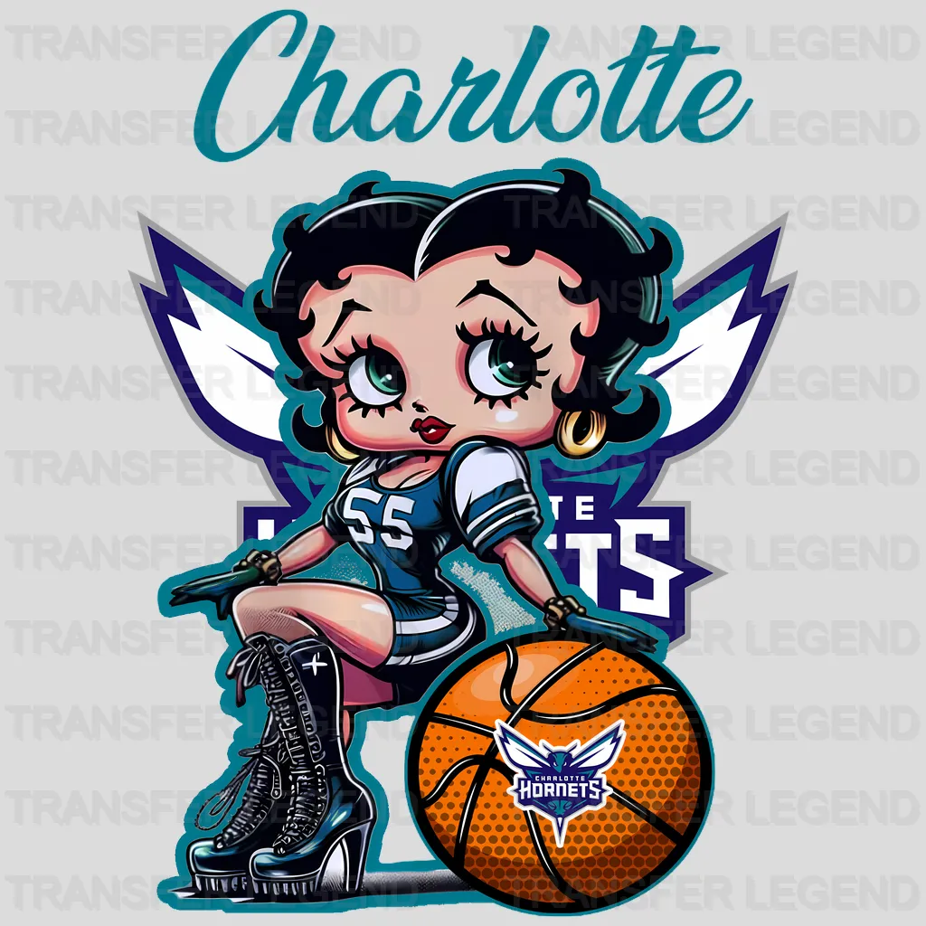 Charlotte Hornets NBA Cute Cartoon Girl Sitting On V1 - DTF Iron On Transfer