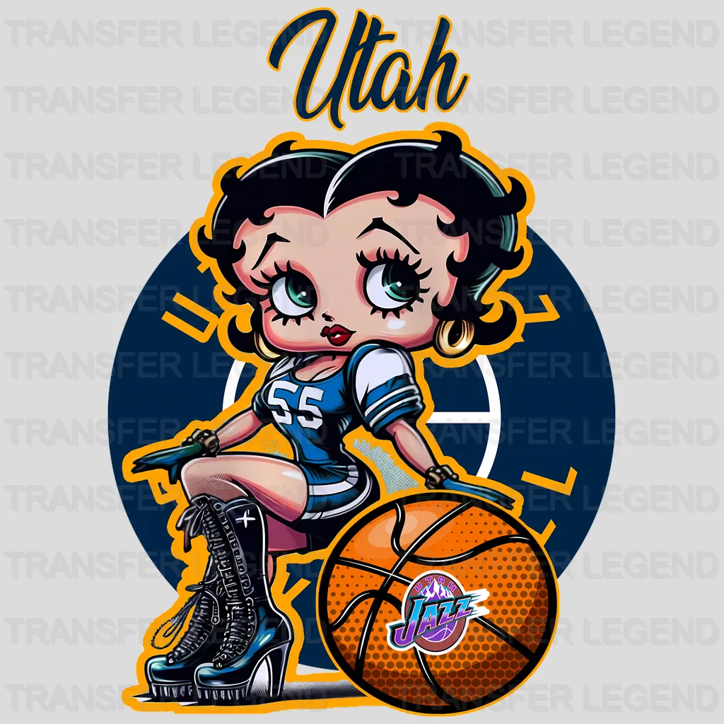 Utah Jazz NBA Cute Cartoon Girl Sitting On V1 - DTF Iron On Transfer