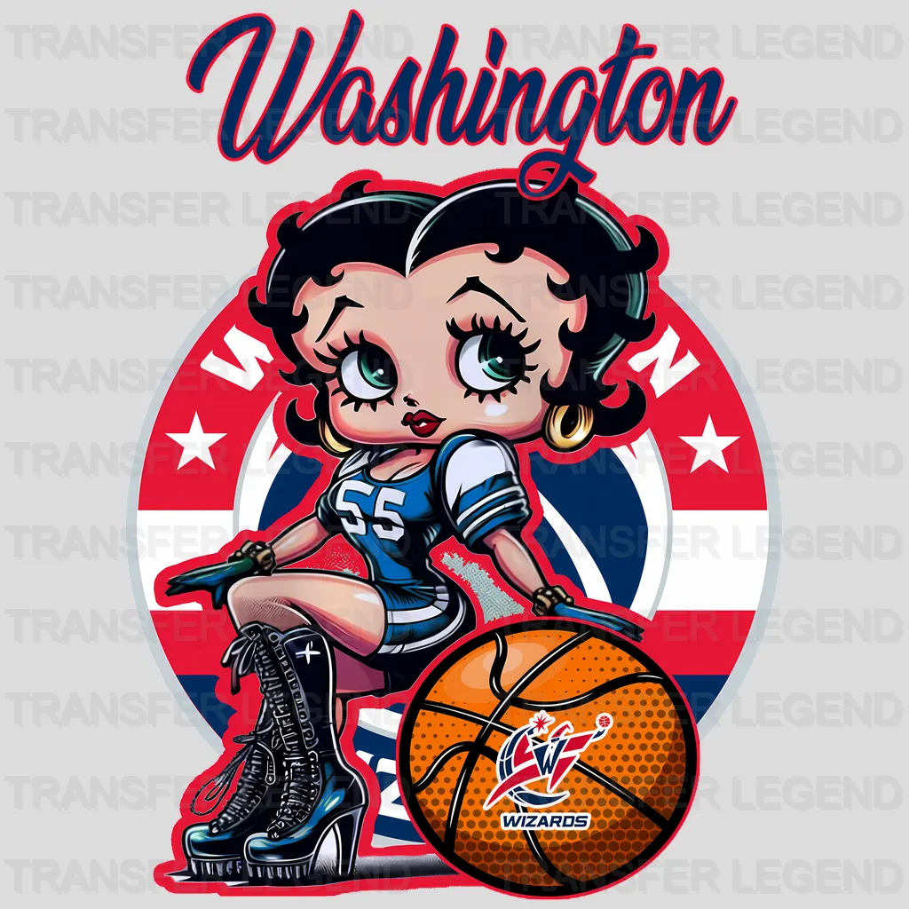 Washington Wizards NBA Cute Cartoon Girl Sitting On V1 - DTF Iron On Transfer
