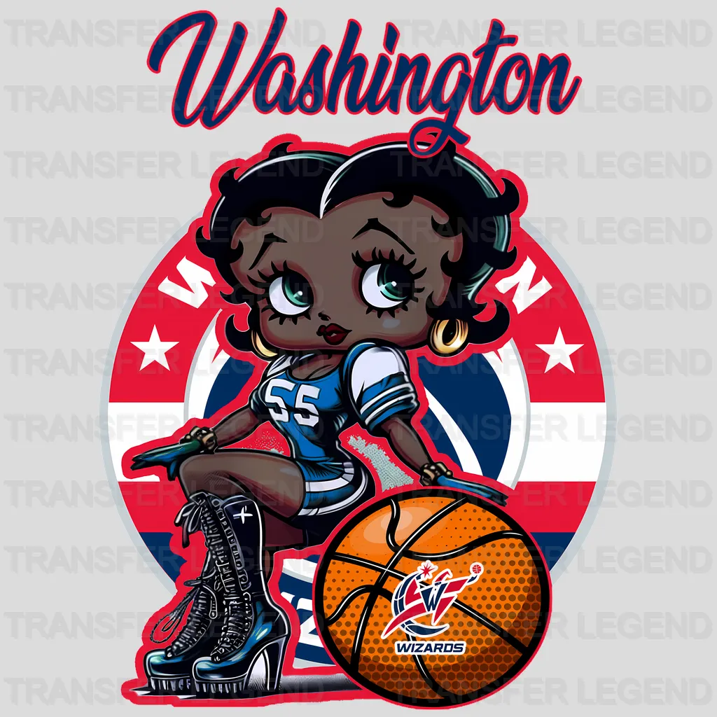 Washington Wizards NBA Cute Cartoon Girl Sitting On V2 - DTF Iron On Transfer