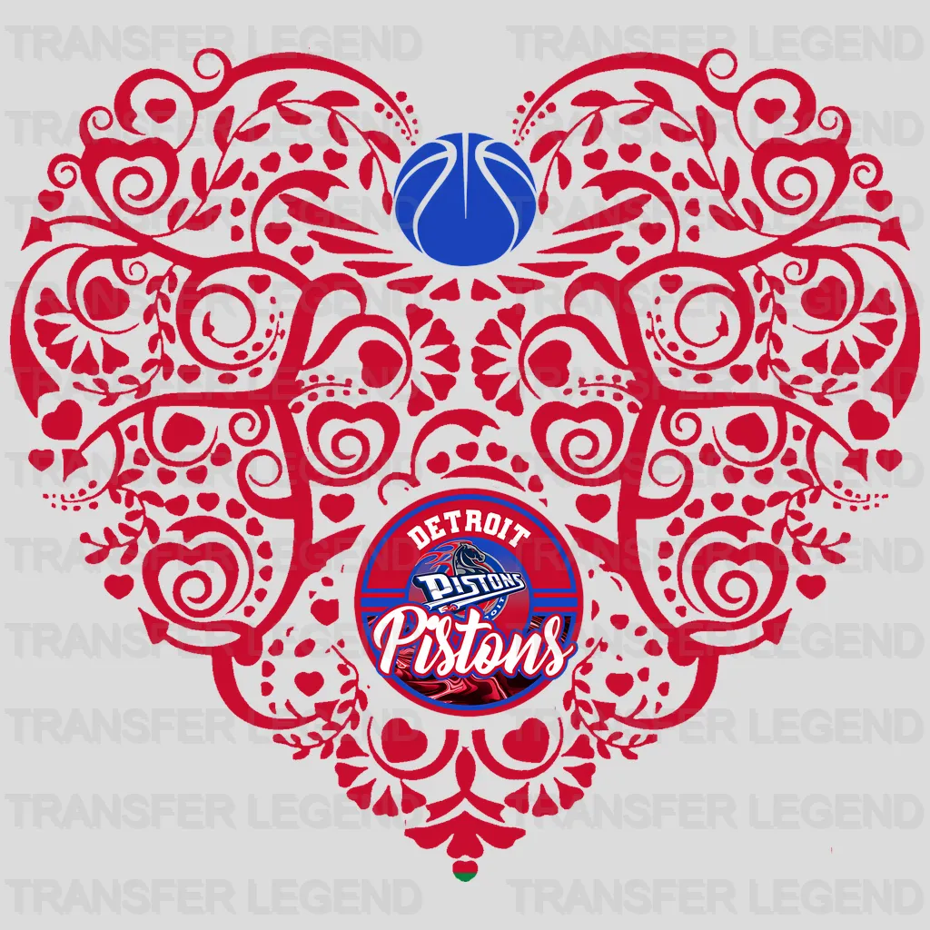 Detroit Pistons NBA Floral Pattern Heart Shape - DTF Iron On Transfer