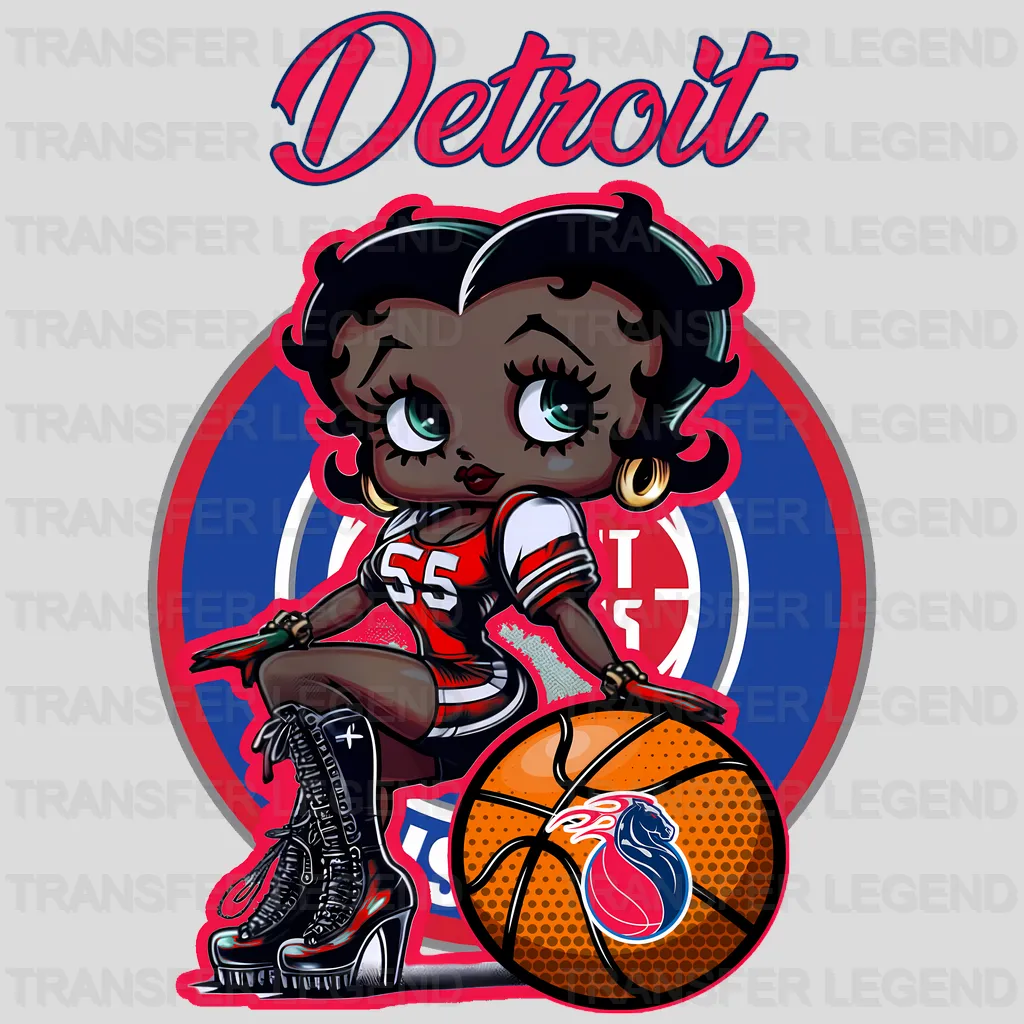Detroit Pistons NBA Cute Cartoon Girl Sitting On V2 - DTF Iron On Transfer
