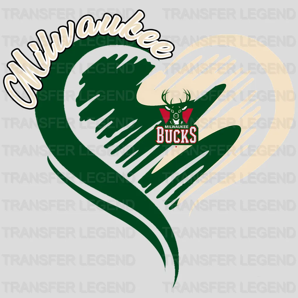 Milwaukee Bucks NBA Elegant Heart Swirl With Script Text - DTF Iron On Transfer