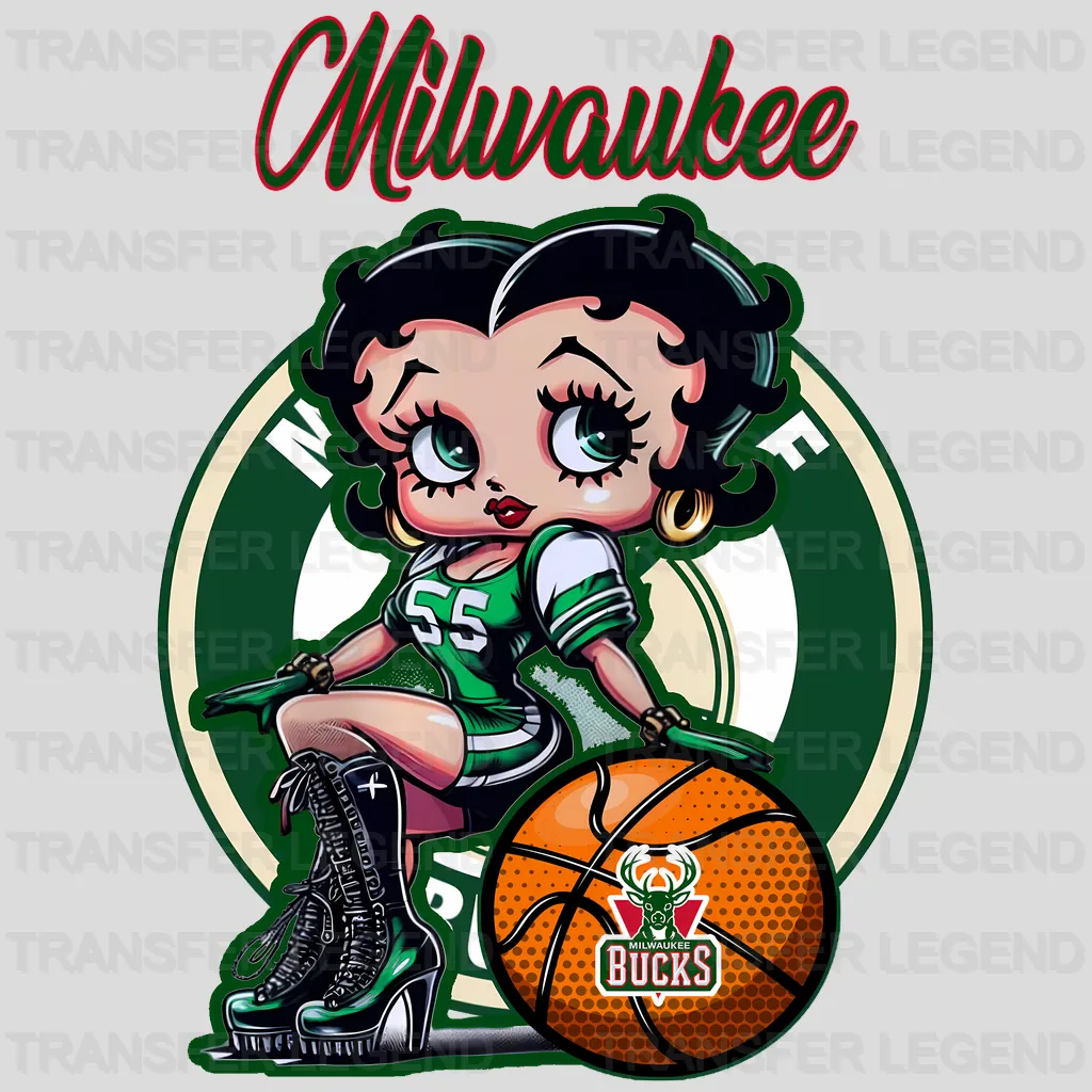 Milwaukee Bucks NBA Cute Cartoon Girl Sitting On V1 - DTF Iron On Transfer