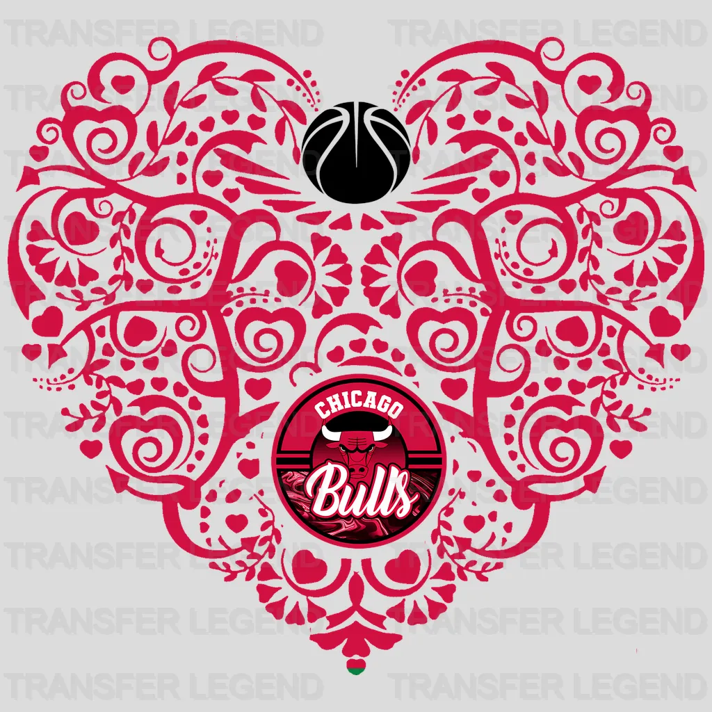 Chicago Bulls NBA Floral Pattern Heart Shape - DTF Iron On Transfer