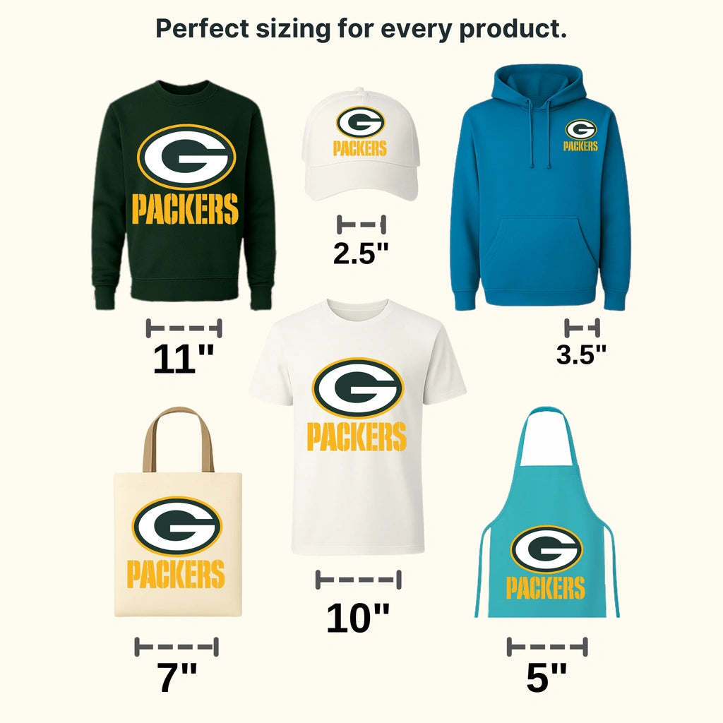 Green Bay Packers team G logo above bold PACKERS text, NFL design - DTF Heat Transfer