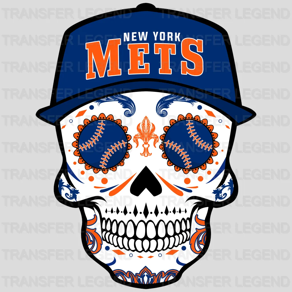 New York Mets MLB Sugar Skull With Cap Illustration - DTF Iron On Transfer
