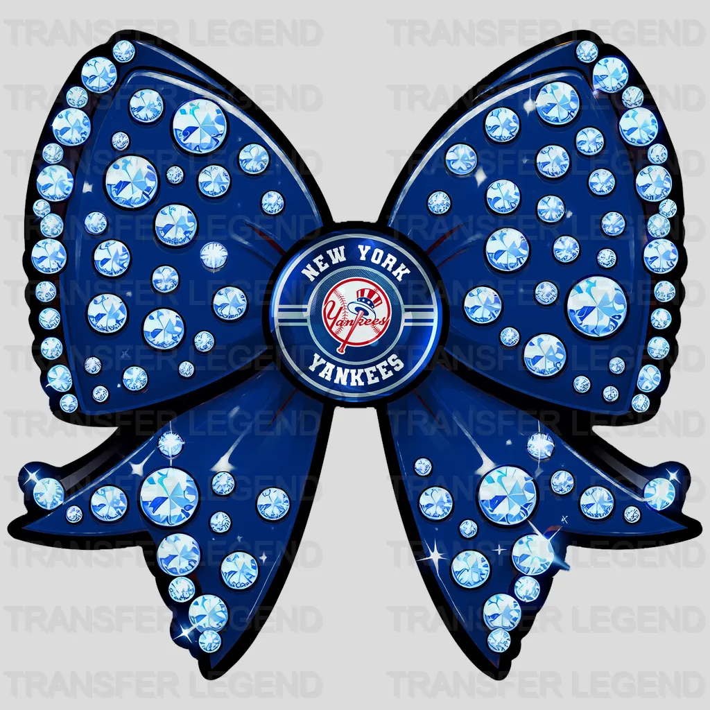 New York Yankees MLB Glitter Sequin Blue Bow Ribbon - DTF Iron On Transfer
