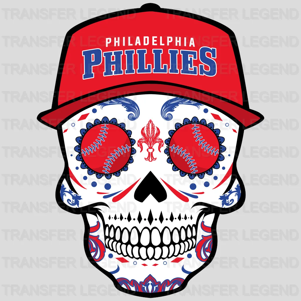 Philadelphia Phillies MLB Sugar Skull With Cap Illustration - DTF Iron On Transfer