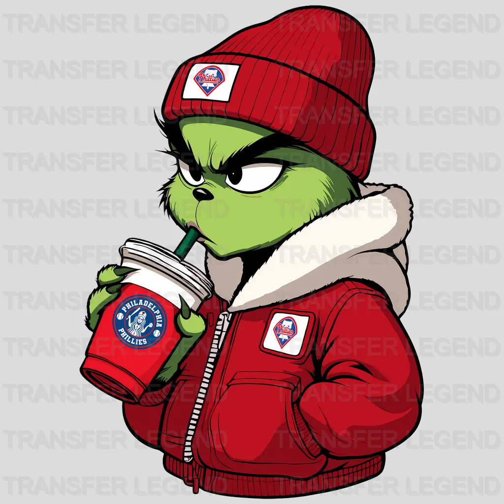 Philadelphia Phillies MLB The Grinch Drinking Coffee - DTF Iron On Transfer