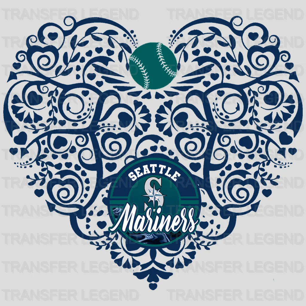 Seattle Mariners MLB Teal Floral Pattern Heart Shape - DTF Iron On Transfer