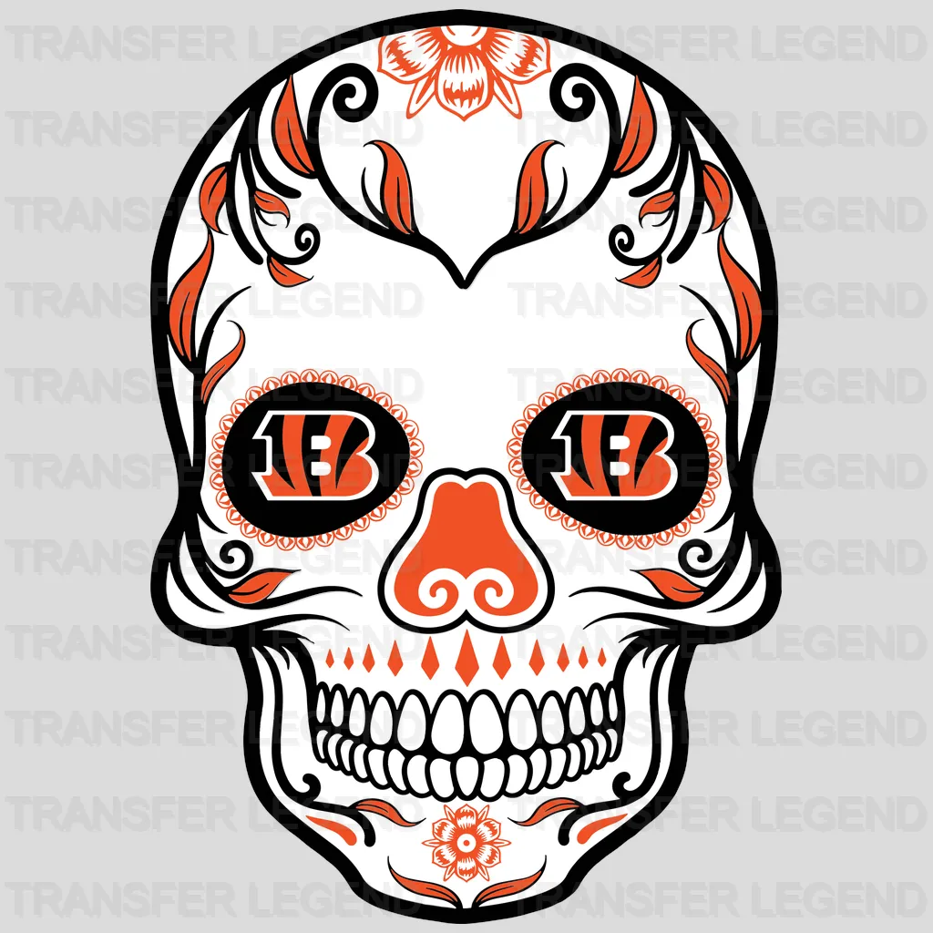 Cincinnati Bengals Day‑Of‑The‑Dead Sugar Skull NFL Design - DTF Heat Transfer