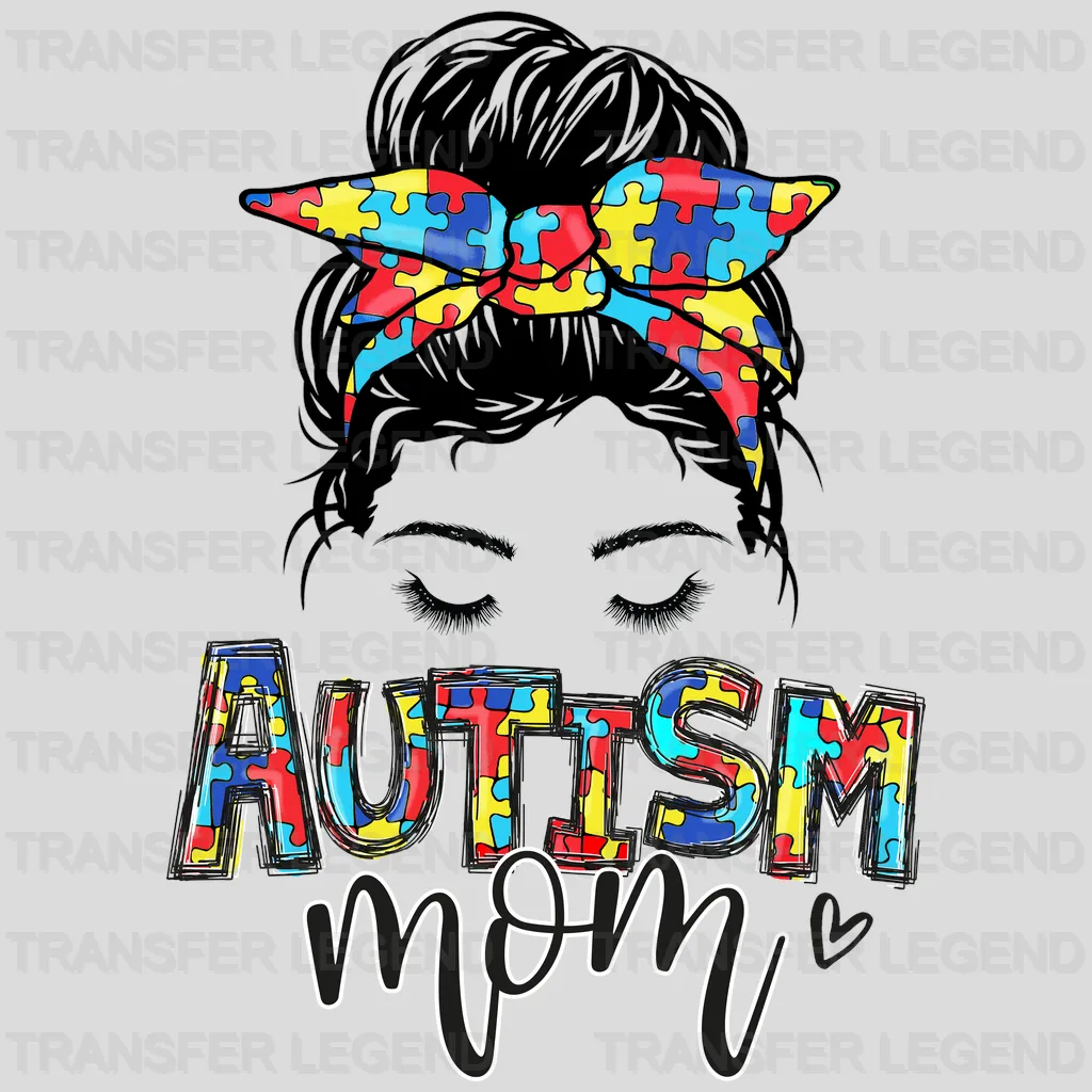 Autis Mama And Puzzle Piece- Autis Awareness And Support - Women Messy Bun  - Design - DTF heat transfer - transferlegend