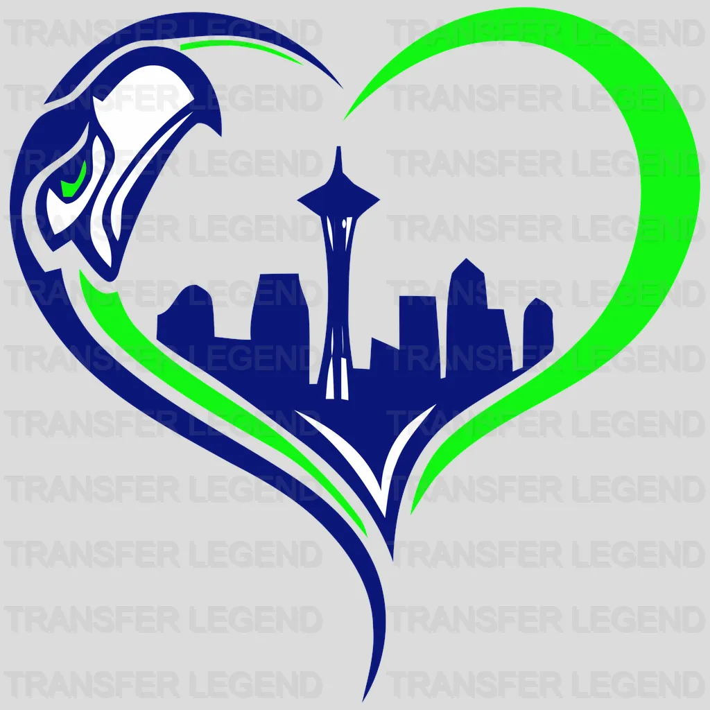 Seattle Seahawks Heart Skyline Emblem NFL Design - DTF Heat Transfer