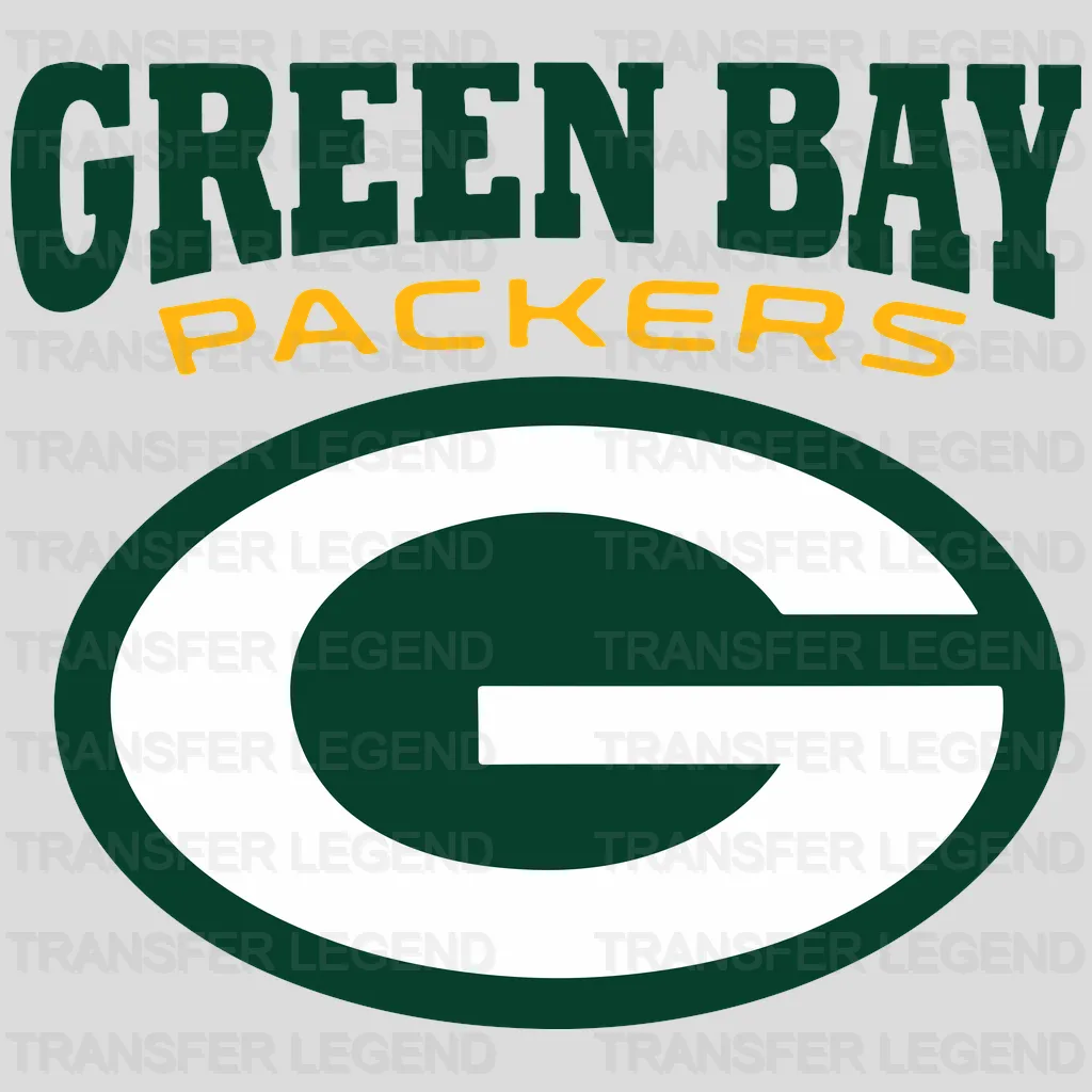 Green Bay Packers arched GREEN BAY PACKERS text above team G logo, NFL design - DTF Heat Transfer