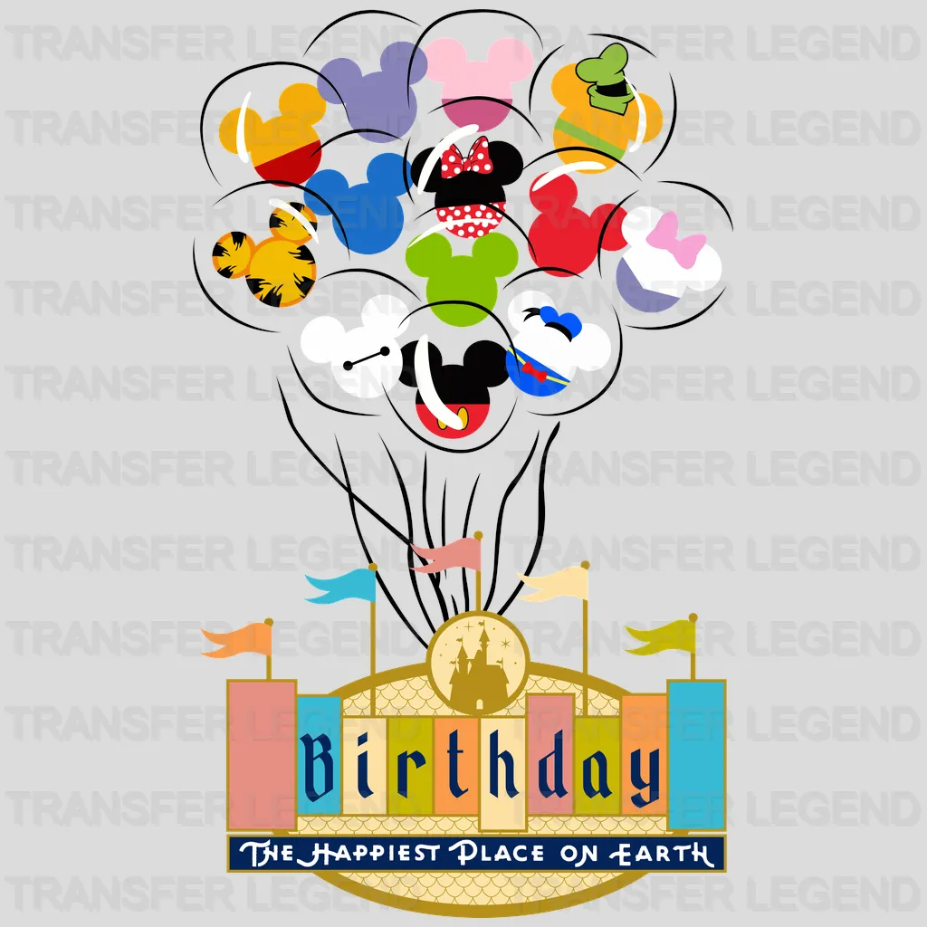 Birthday The Happiest Place On Earth Cartoon Head Balloons Design - DTF heat transfer - transferlegend