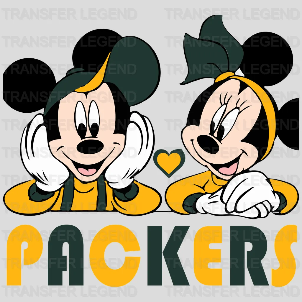 Green Bay Packers Mickey & Minnie duo with Packers ears and text, NFL design - DTF Heat Transfer