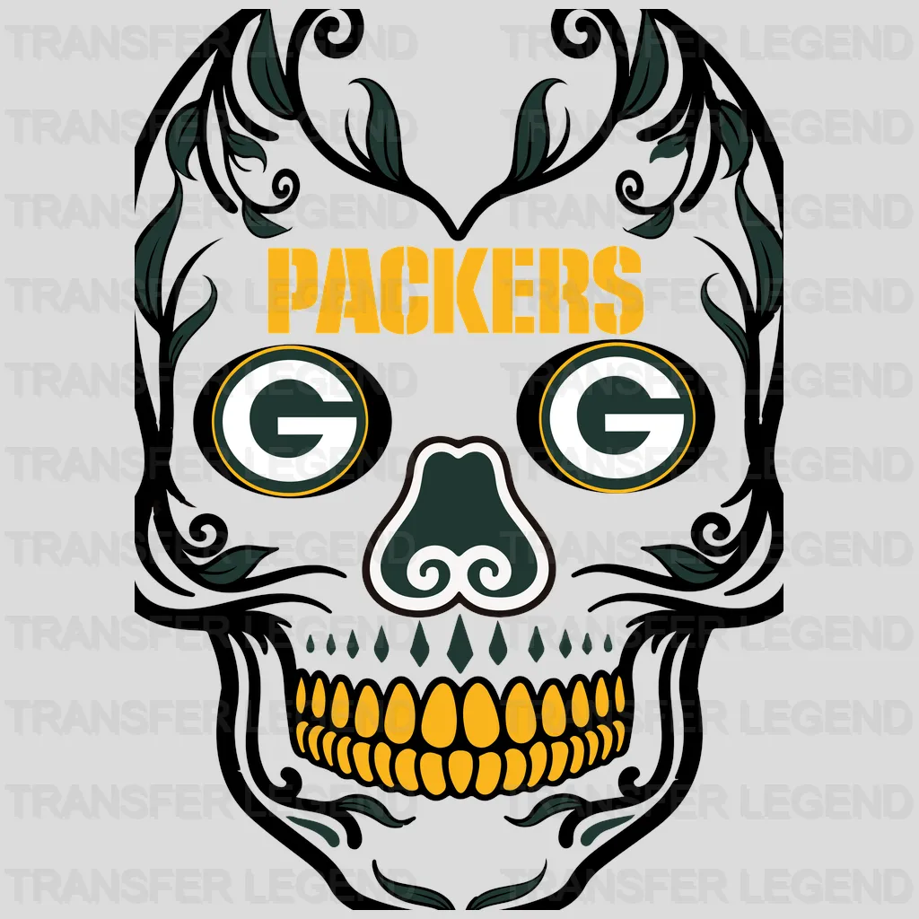 Green Bay Packers intricate sugar skull with team accents, NFL design - DTF Heat Transfer