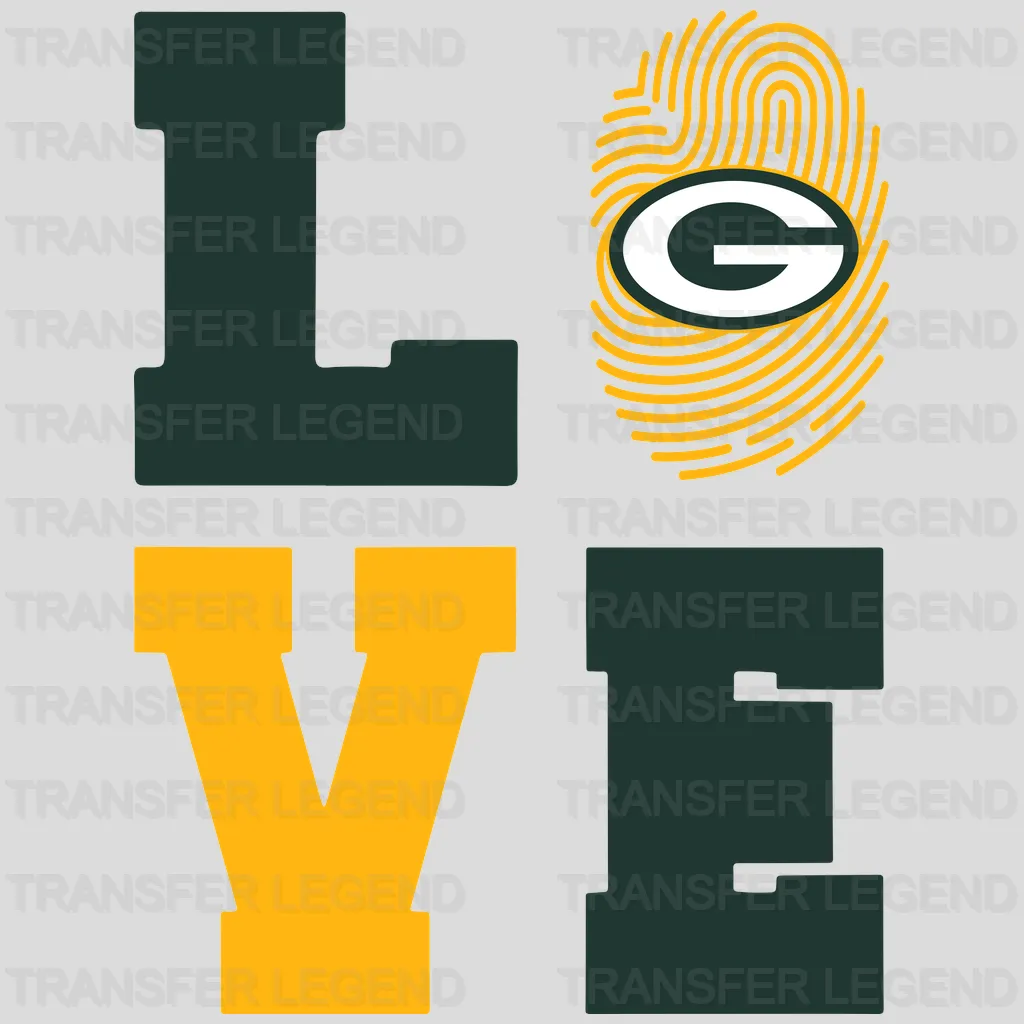 Green Bay Packers LOVE text with fingerprint G as letter O, NFL design - DTF Heat Transfer