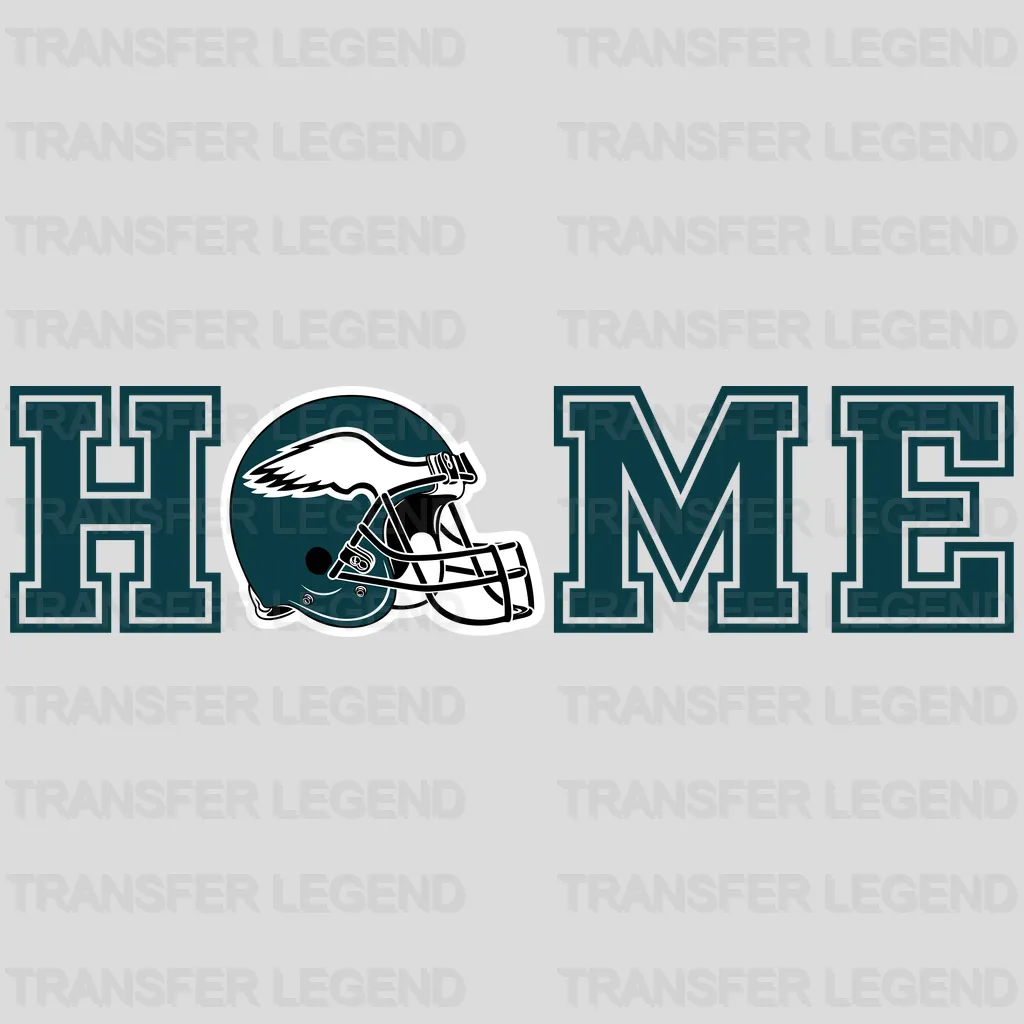 Philadelphia Eagles ‘HOME’ text with helmet replacing ‘O’, NFL design - DTF Heat Transfer