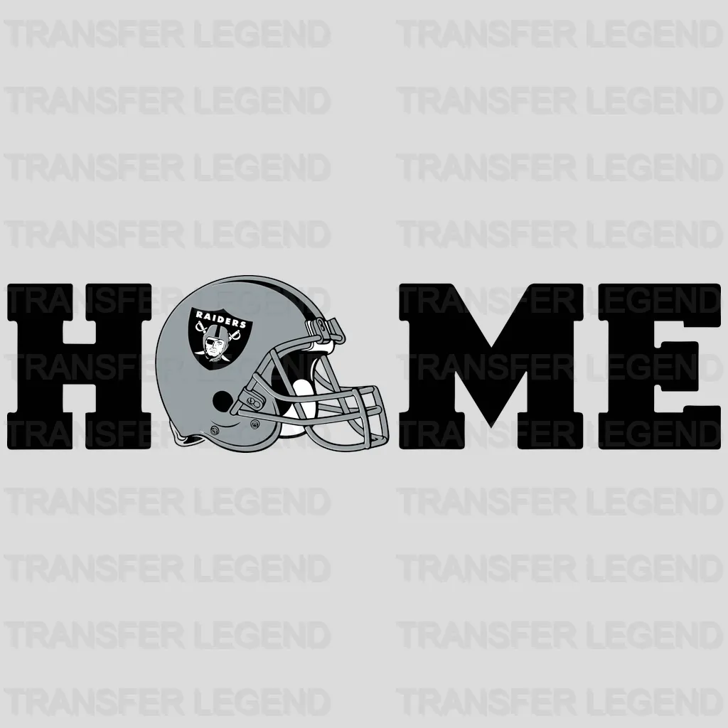 Las Vegas Raiders “HOME” text with helmet icon replacing “O”, NFL design - DTF Heat Transfer