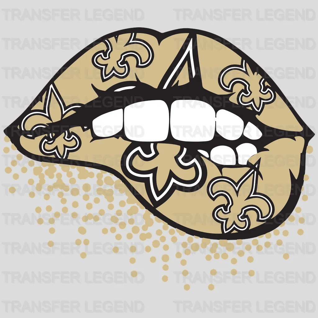 New Orleans Saints glittered lips and teeth pattern with fleur‑de‑lis, NFL design - DTF Heat Transfer