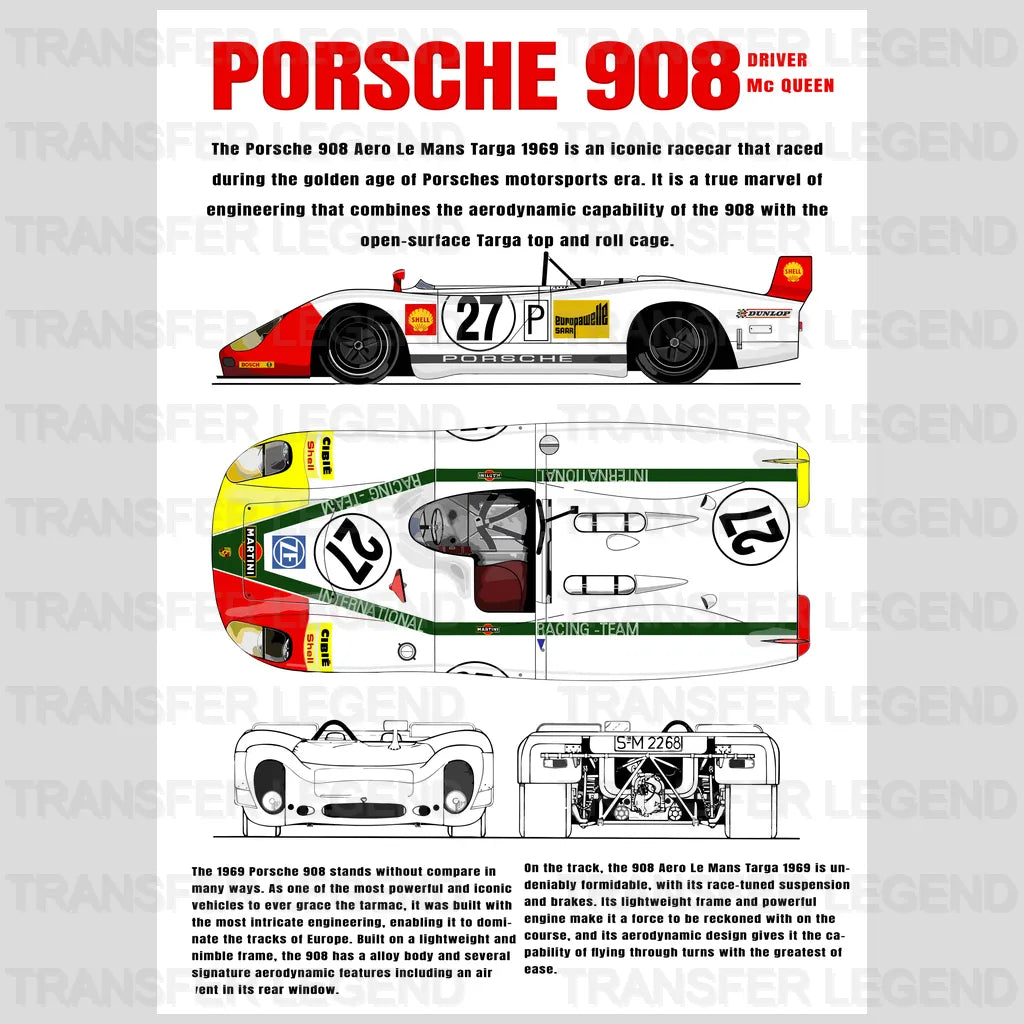 Porsche 908 MQ QUEEN Cars Design - DTF Heat Transfer - transferlegend