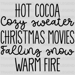 Hot Cocoa Cozy Sweater Christmas Movies Falling Snow Warm Fire Design - DTF heat transfer - transferlegend