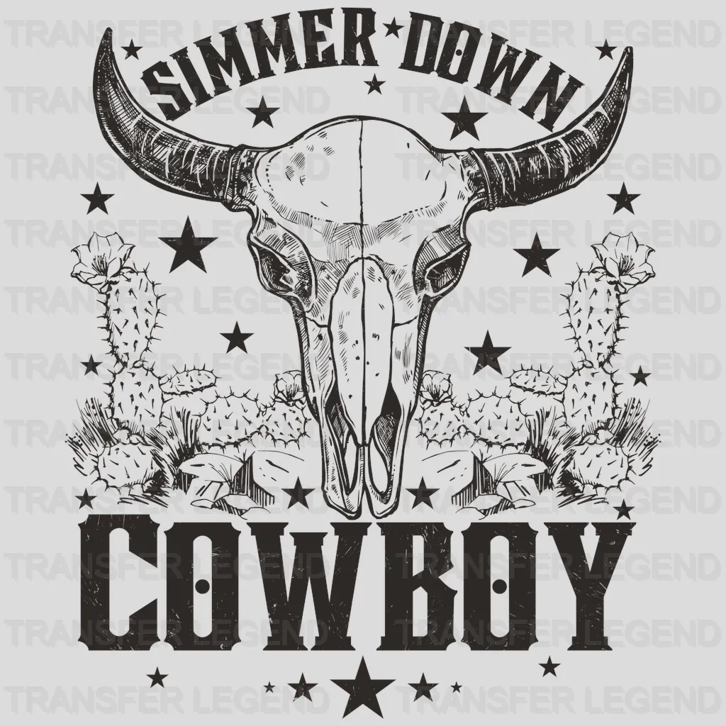 Simmer Down Cowboy Bull Skull Design - DTF heat transfer - transferlegend