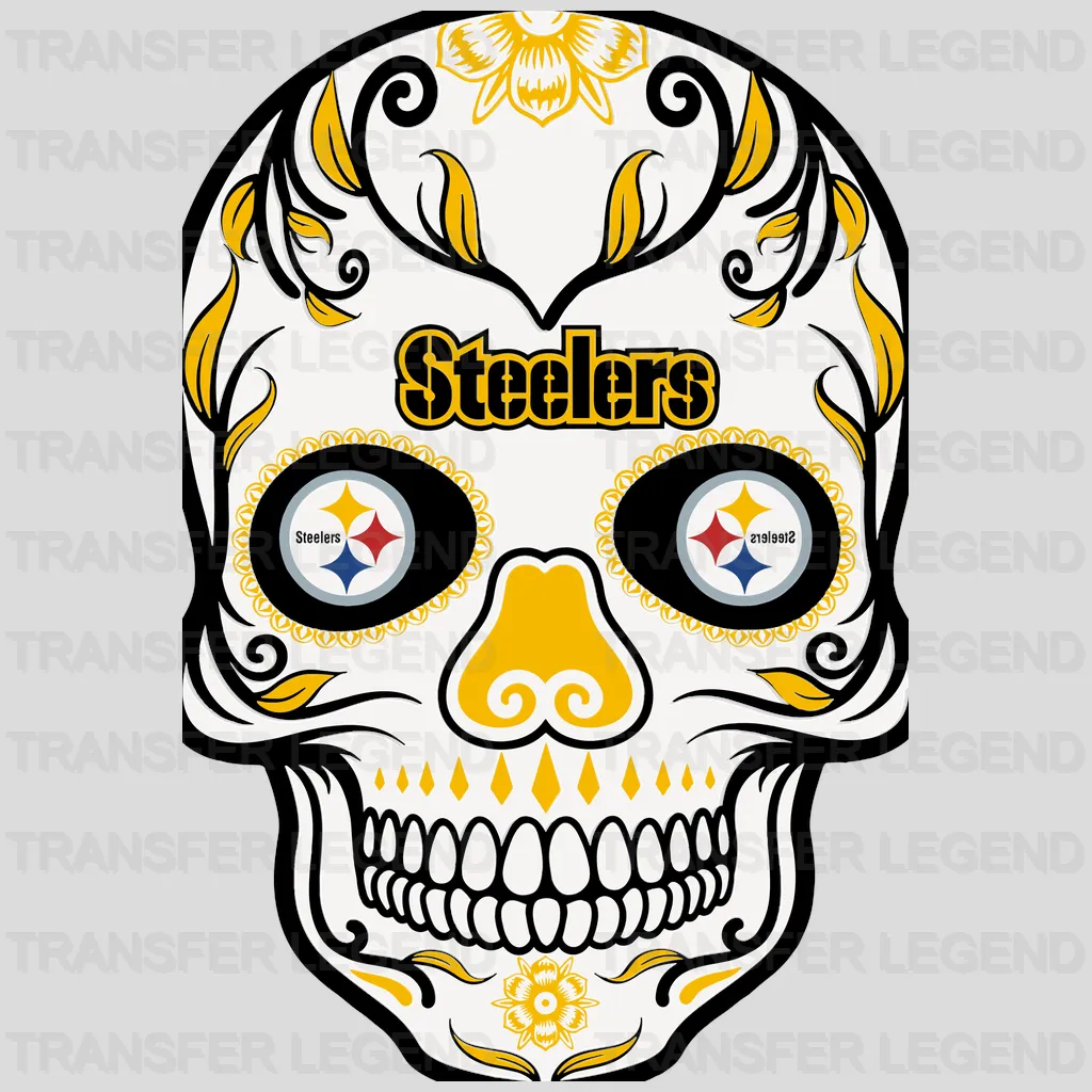 Pittsburgh Steelers detailed sugar skull with floral pattern, NFL design - DTF Heat Transfer