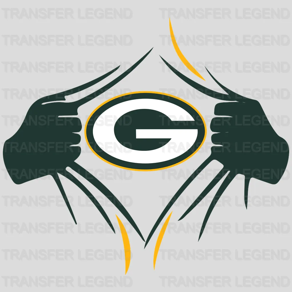 Green Bay Packers shirt‑tearing effect revealing team G logo, NFL design - DTF Heat Transfer