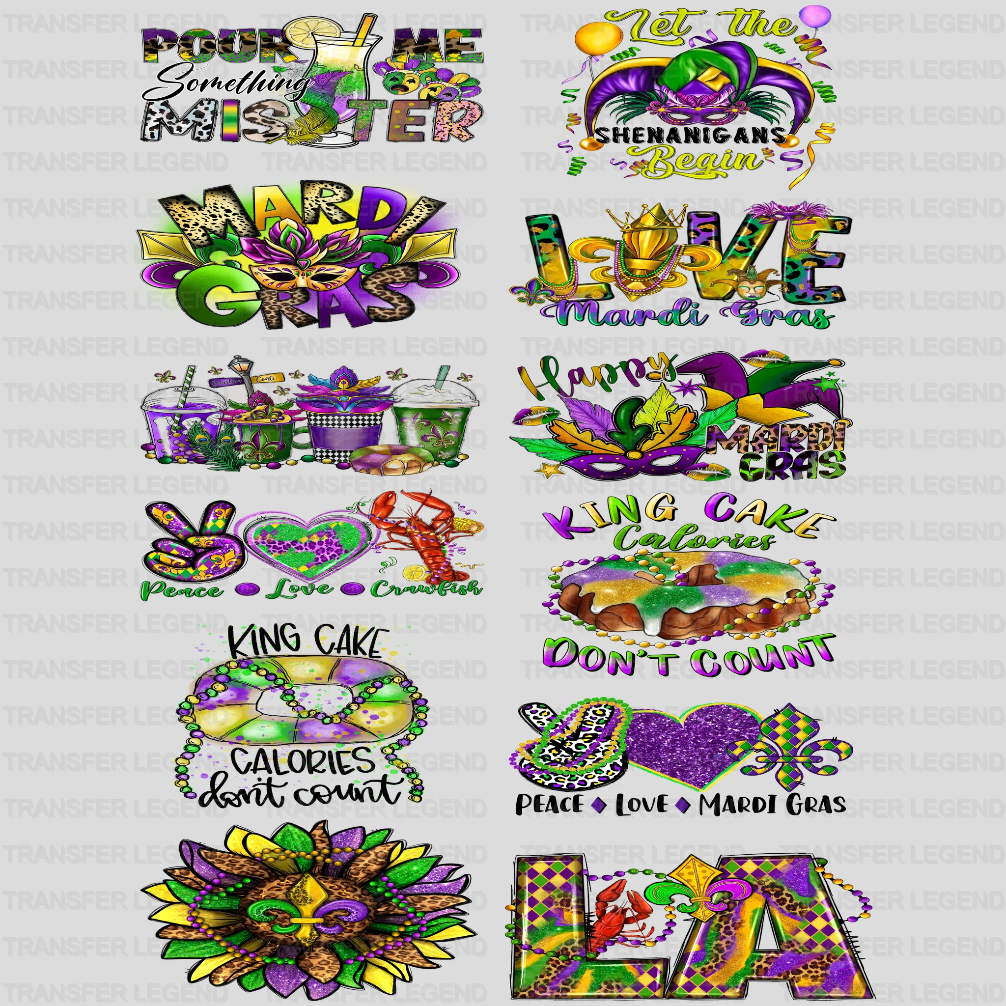 Mardi Gras Premade Gang sheet - 12 PCS 10 INCH - transferlegend