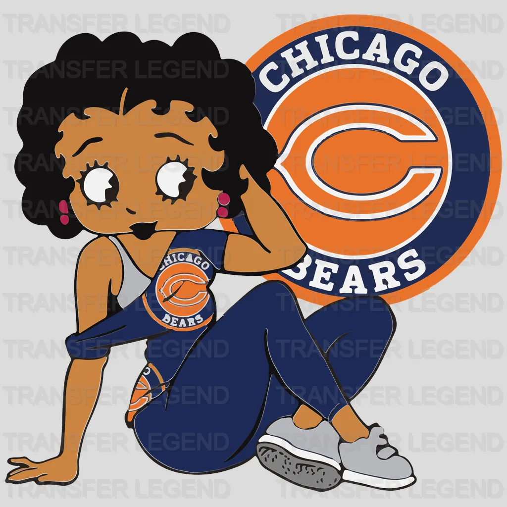 Chicago Bears Retro Fan Girl Sitting with Circle Badge NFL Design - DTF Heat Transfer