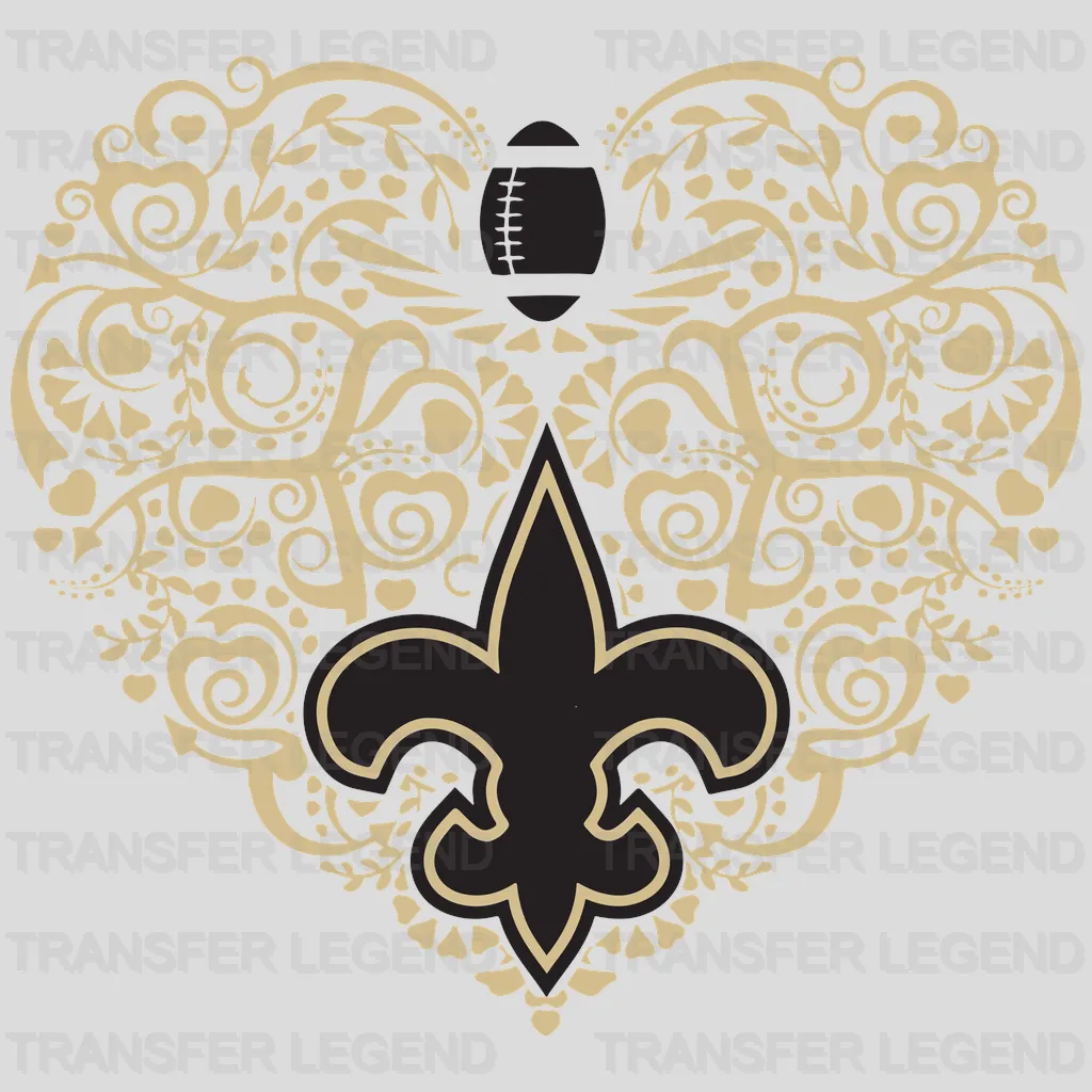 New Orleans Saints heart collage composed of fleur‑de‑lis icons, NFL design - DTF Heat Transfer