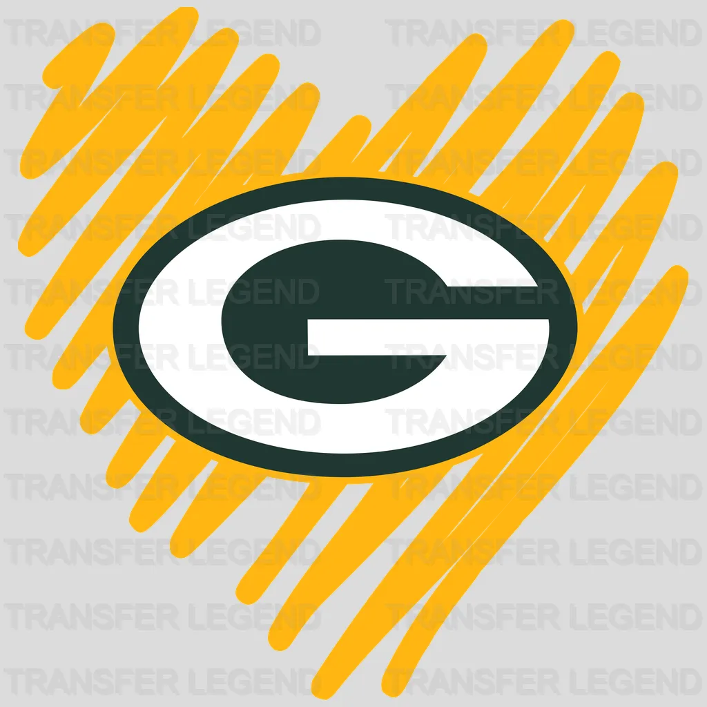 Green Bay Packers heart‑shaped scribble art framing team G logo, NFL design - DTF Heat Transfer